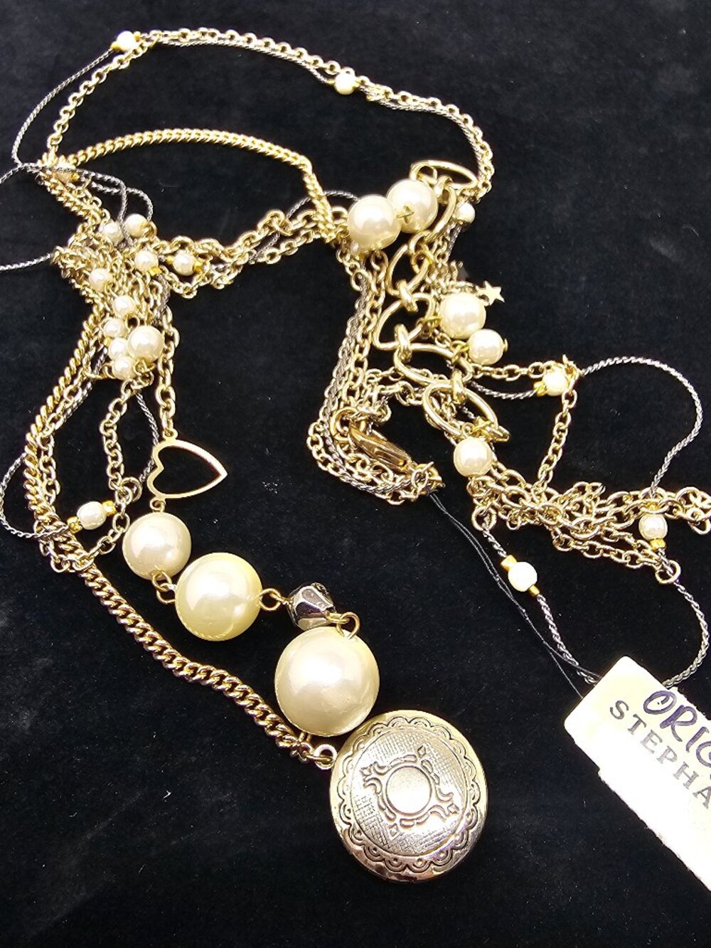 Vintage Layered Locket Necklace with Faux Pearl Beads Star Charms